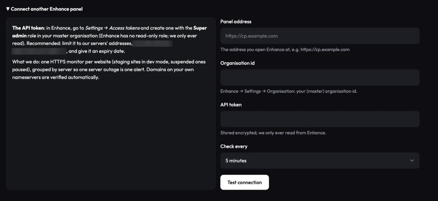 Connect Enhance: panel address, organisation id, API token, check interval