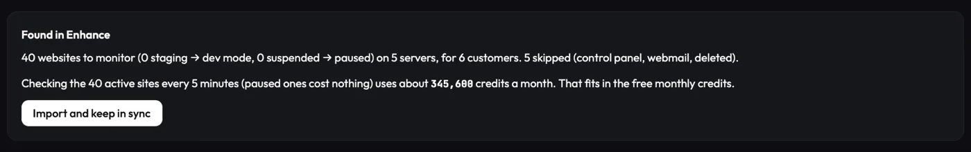 Test connection: 40 websites on 5 servers for 6 customers, 345,600 credits a month, within the free tier